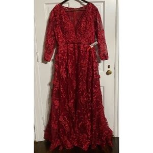 Mac Duggal - 20108D Beaded Embroidered V-Neck A-Line Deep Red Formal Gown 14 NWT